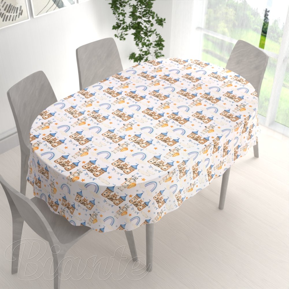 Dětský bavlněný oválný ubrus Sandra SA-666 Modro-hnědé hrady a rytíři na bílém - detail 1 - Biante.cz