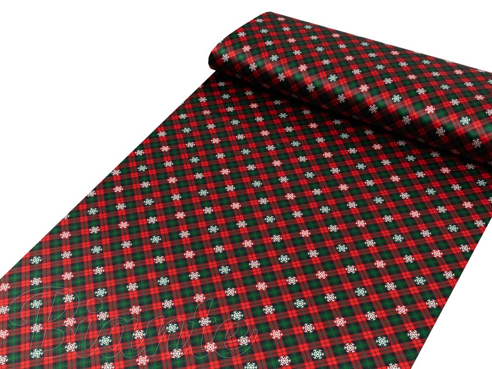 Látka polyesterový satén LUP-502 Červeno-zelené vánoční káro s vločkami - šířka 145 cm - detail 1 - Biante.cz