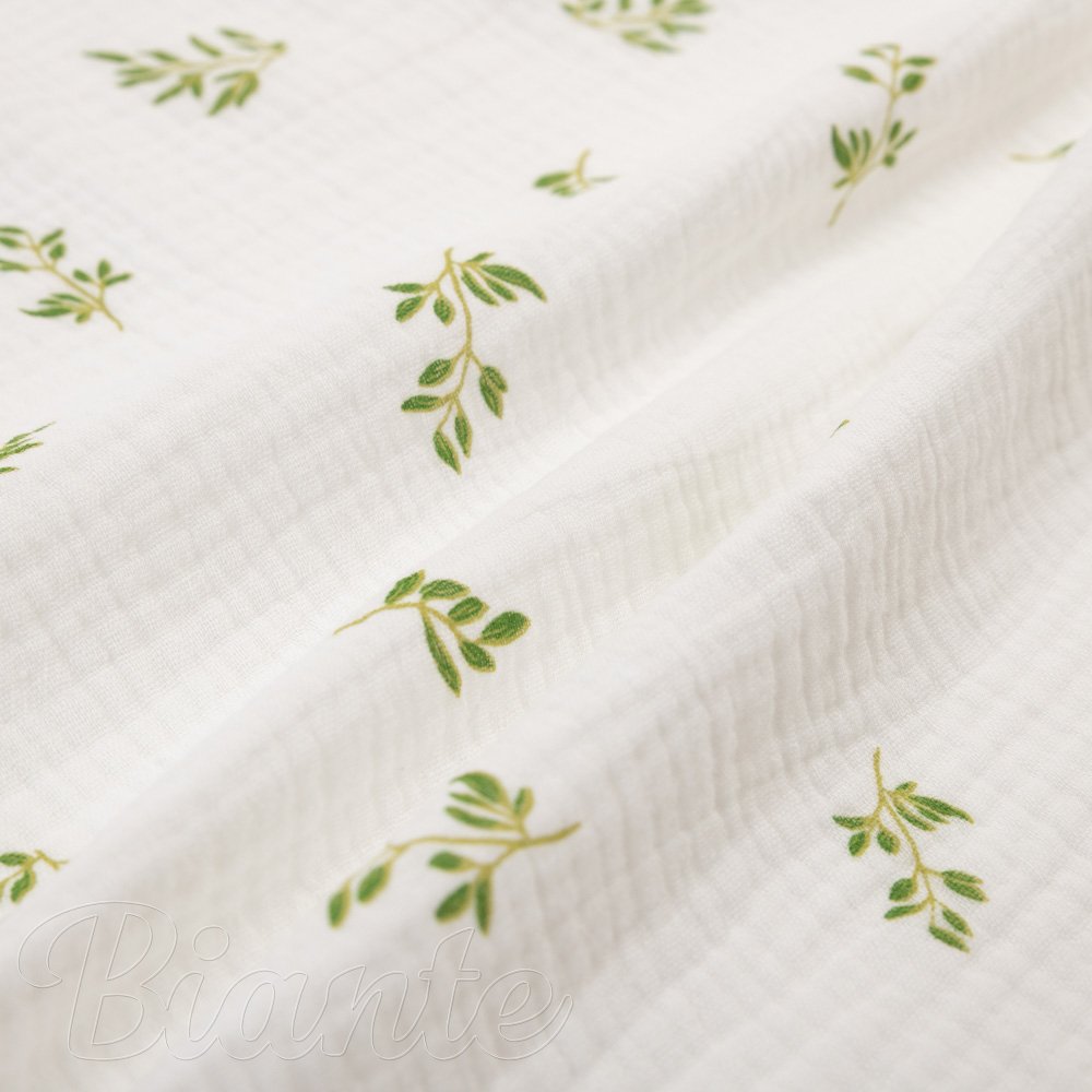 Mušelín dvojitá gázovina MSN-081 Zelené větvičky na bílém - metráž šířka 160 cm - detail 6 - Biante.cz