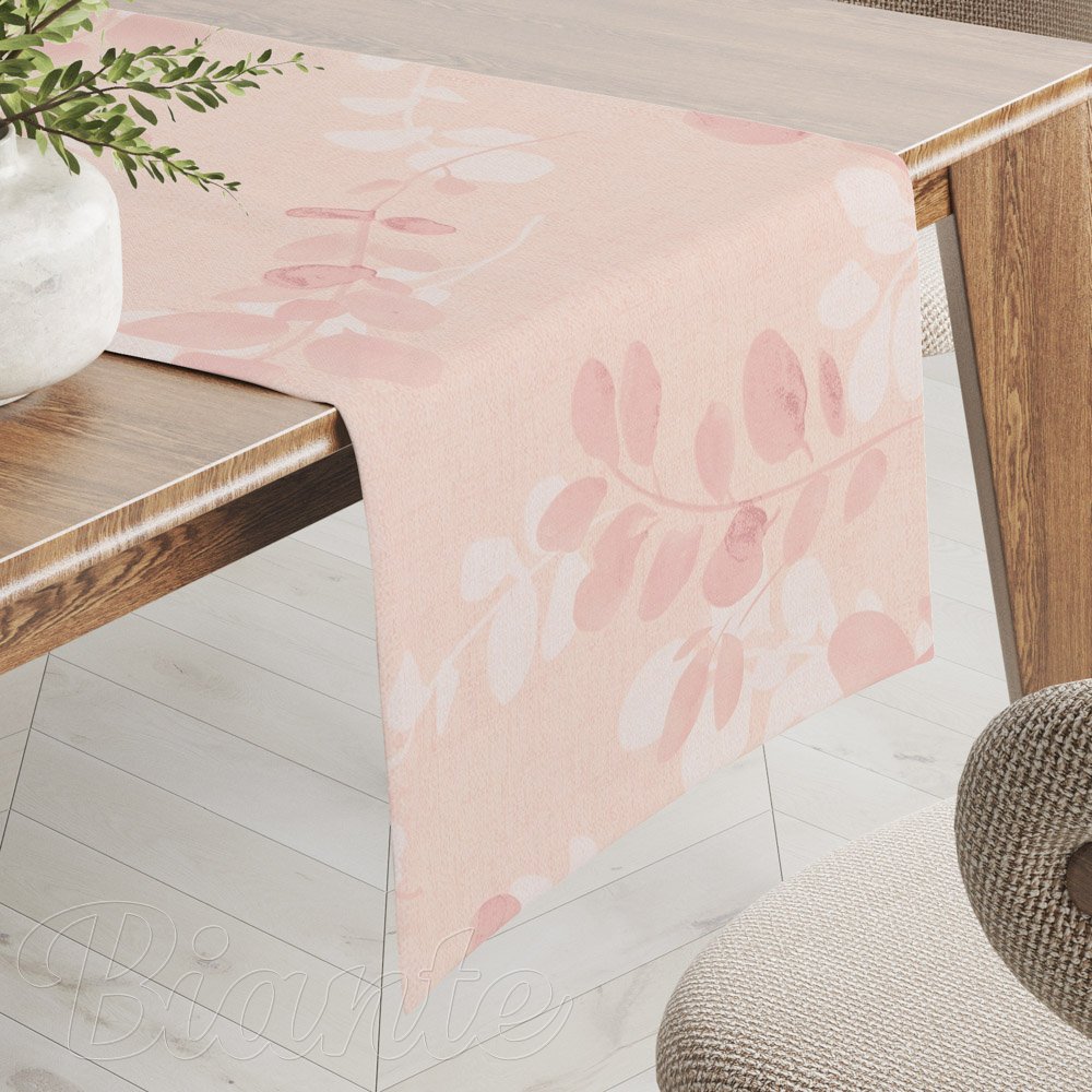 Bavlněný běhoun na stůl Sandra SA-682 Eukalyptové listy na pastelově růžovém - Biante.cz