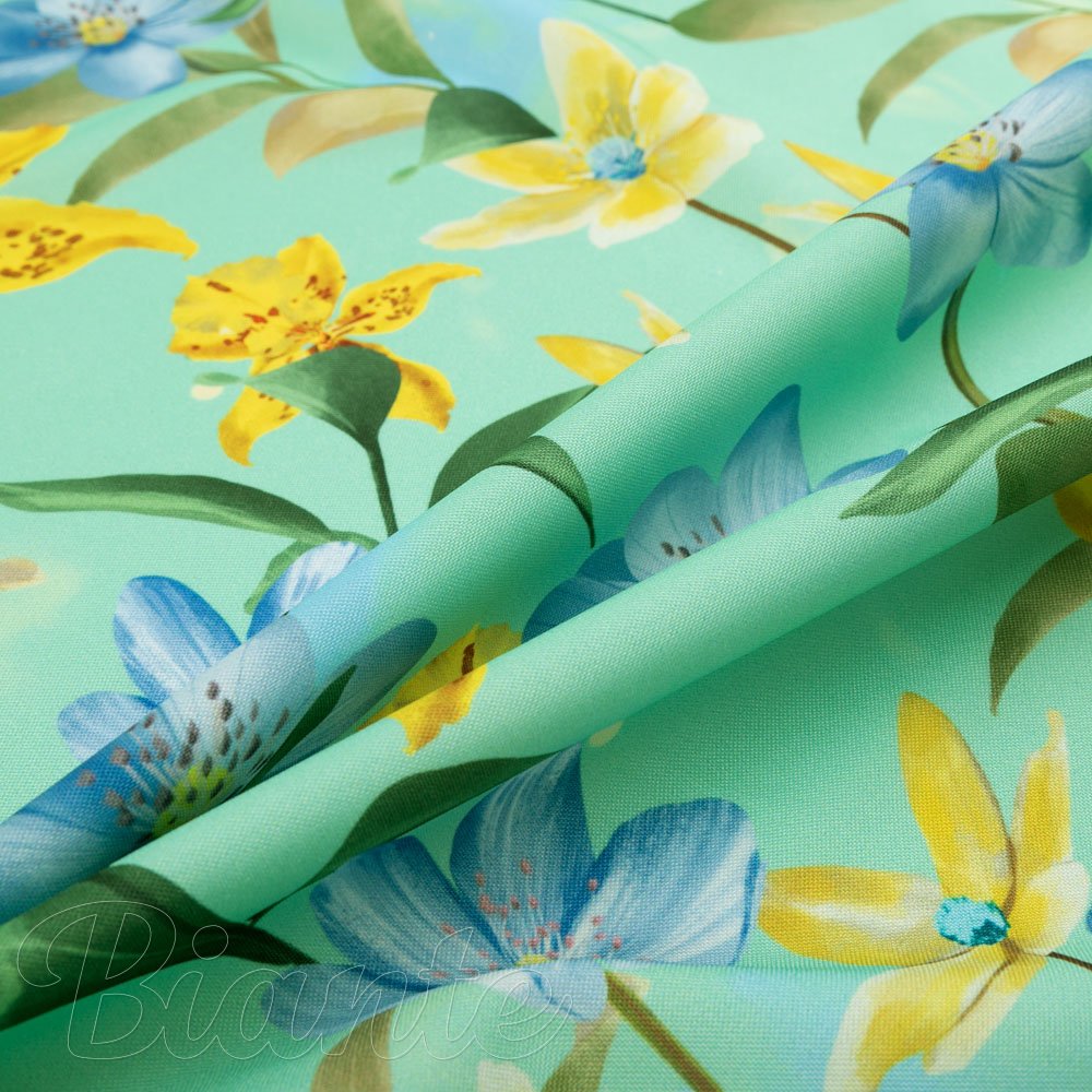 Teflonová látka na ubrusy TF-082 Žluto-modré lilie na mintovém - šířka 155 cm - detail 2 - Biante.cz
