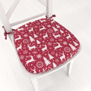 Sametový oblý podsedák Tamara TMR-045 Vánoční jeleni a stromky na červeném - 39x37x3 cm - Biante.cz