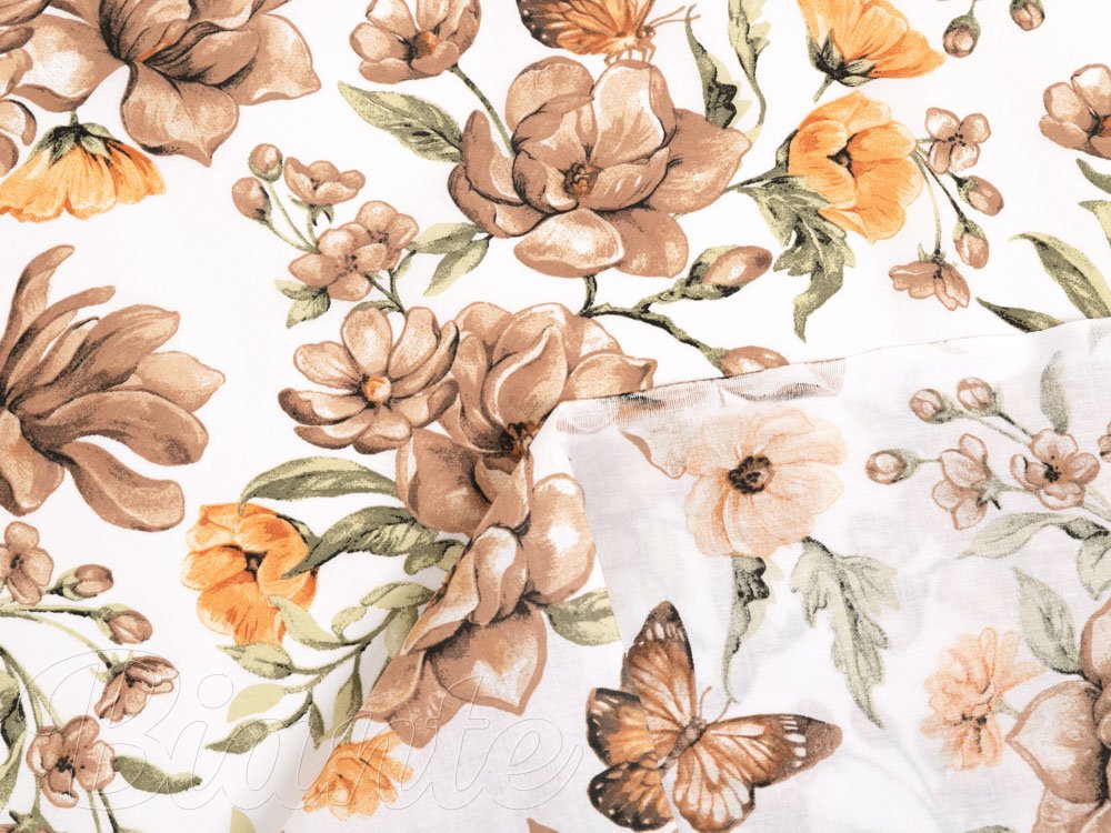Bavlněná látka/plátno Sandra SA-458 Hnědé květy magnolie s motýlky na bílém - šířka 160 cm - detail 4 - Biante.cz Bavlněná látka/plátno Sandra SA-458 Hnědé květy magnolie s motýlky na bílém - šířka 160 cm - detail 4 - Biante.cz