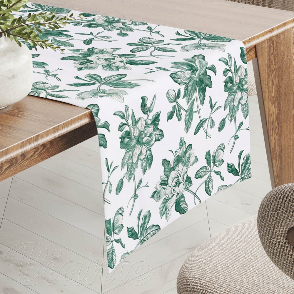 Teflonový běhoun na stůl TF-091 Zelené květiny na bílém - Biante.cz