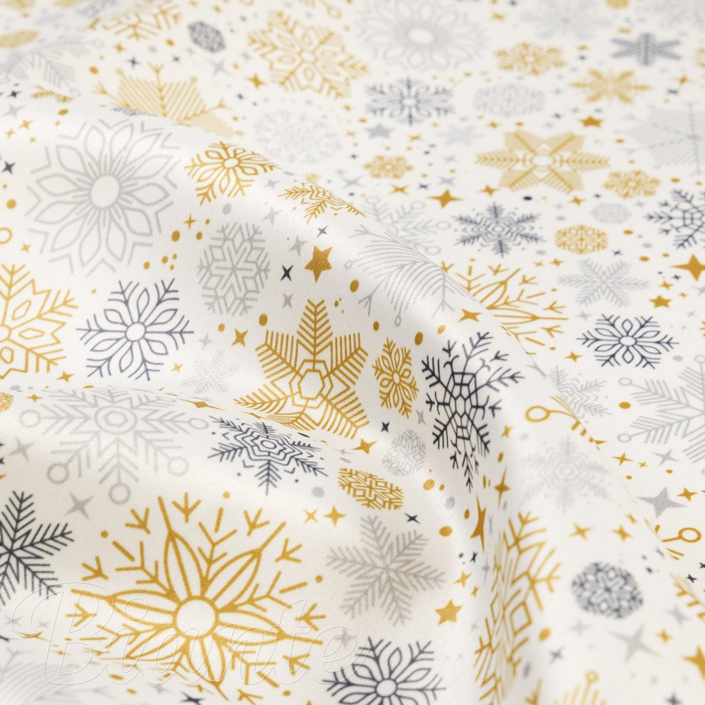 Látka polyesterový satén LUP-505 Zlato-stříbrné vločky na bílém - šířka 145 cm - detail 1 - Biante.cz