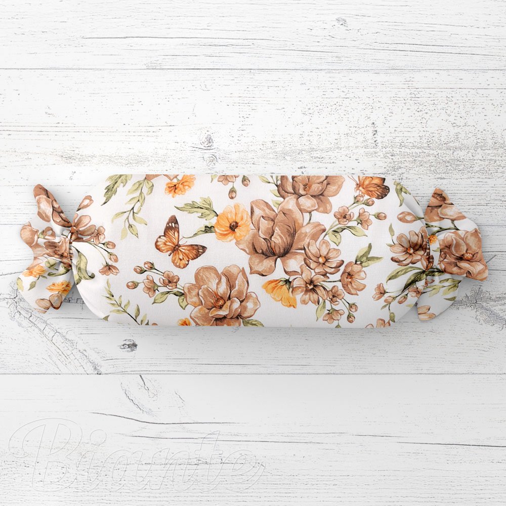 Polštář válec bonbon Sandra SA-458 Hnědé květy magnolie s motýlky na bílém - Biante.cz