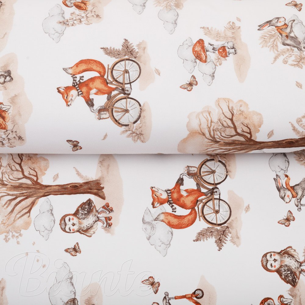 Dětská bavlněná látka/plátno Sandra SA-696 Lišky na kolách - hnědé na bílém - šířka 160 cm - detail 2 - Biante.cz