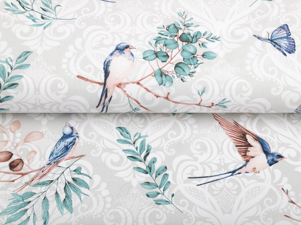 Bavlněná látka/plátno Sandra SA-471 Vlaštovky s motýlky na světle šedém ornamentu - šířka 160 cm - detail 2 - Biante.cz