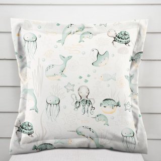 Dětský bavlněný povlak na polštář s lemem Sandra SA-688 Mořský svět zelený na bílém - Biante.cz Dětský bavlněný povlak na polštář s lemem Sandra SA-688 Mořský svět zelený na bílém - Biante.cz
