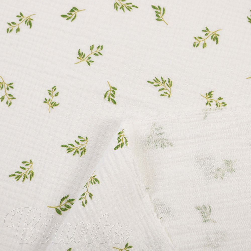Mušelín dvojitá gázovina MSN-081 Zelené větvičky na bílém - metráž šířka 160 cm - detail 4 - Biante.cz