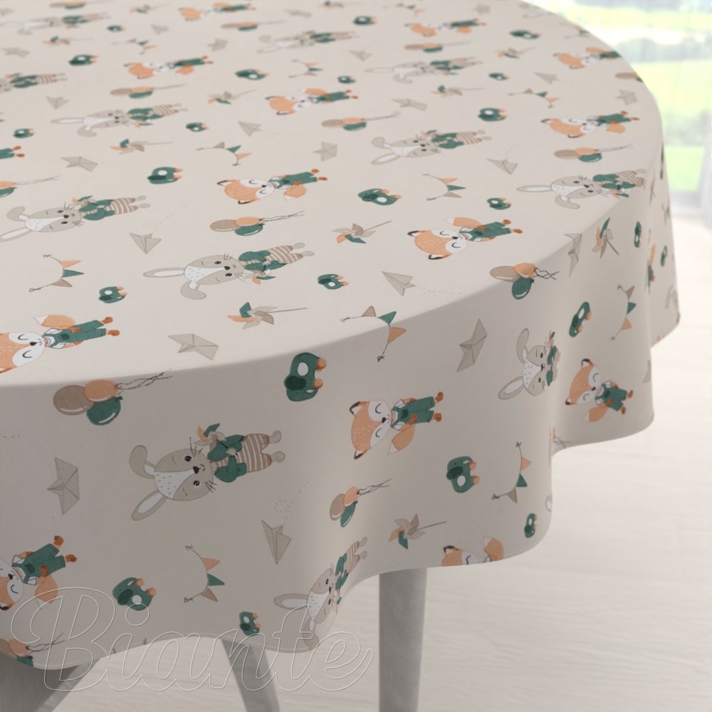 Dětský bavlněný kulatý ubrus Sandra SA-701 Zajíčci a lišky s balónky - zelené na světle béžovém - Biante.cz