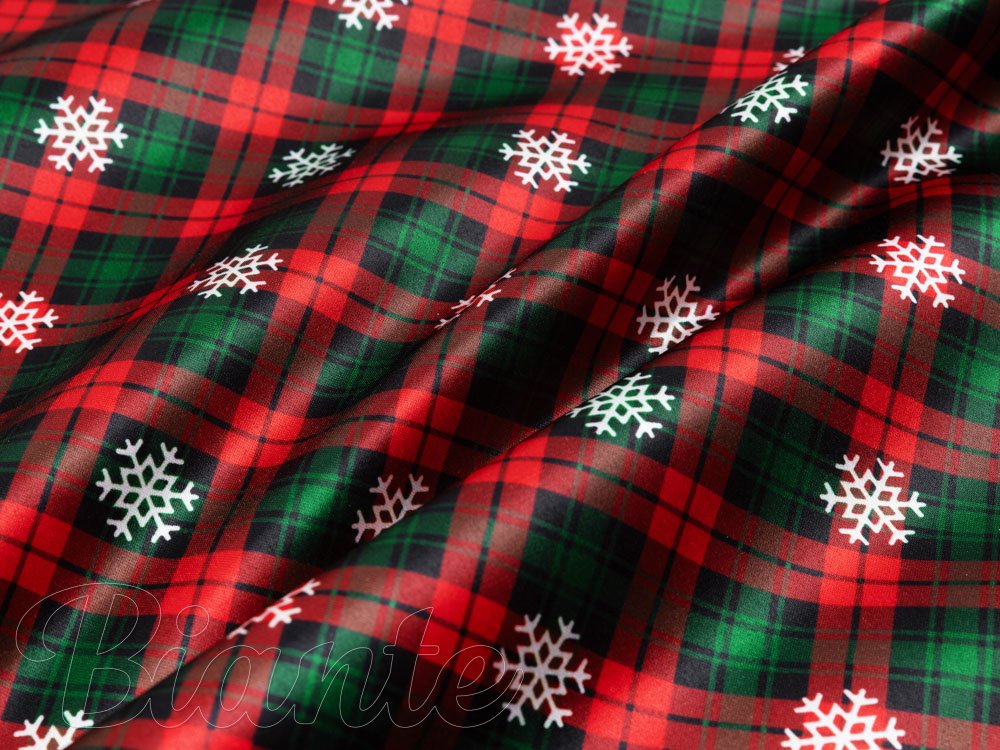 Látka polyesterový satén LUP-502 Červeno-zelené vánoční káro s vločkami - šířka 145 cm - detail 2 - Biante.cz