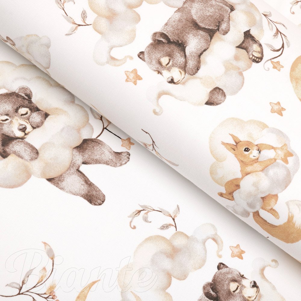 Dětská bavlněná látka/plátno Sandra SA-456 Medvídci zajíčci a veverky v oblacích na bílém - šířka 160 cm - Biante.cz