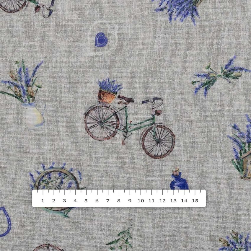 Dekorační látka PML-097 Levandule a kola na šedém režném - šířka 150 cm - detail 4 - Biante.cz