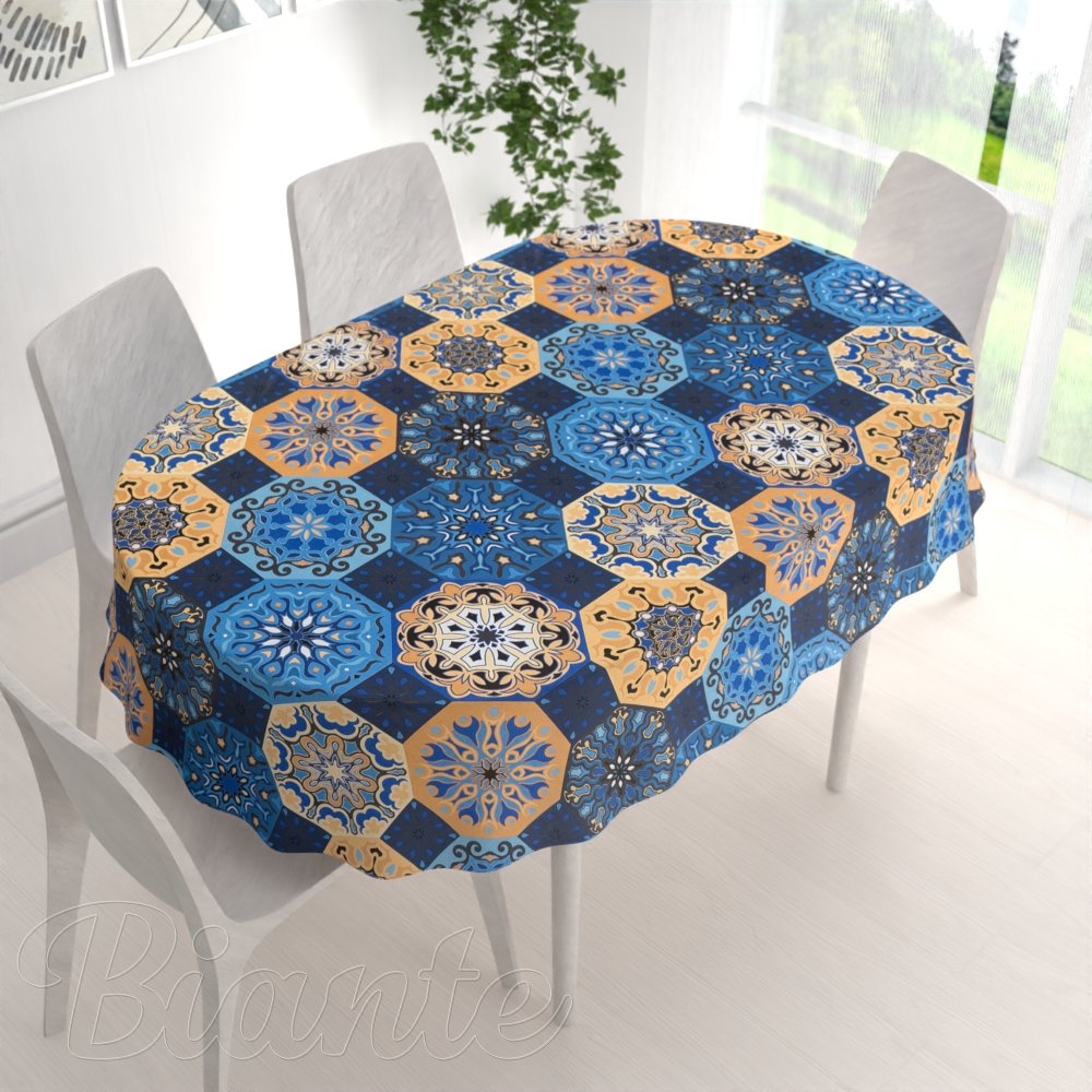Bavlněný oválný ubrus Sandra SA-448 Modro-oranžové marocké dlaždice - detail 1 - Biante.cz