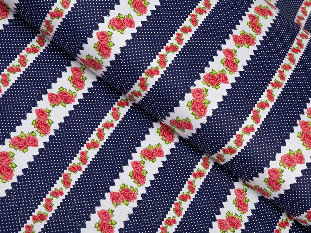 Bavlněná látka/plátno Sandra SA-418 Růžičky na tmavě modrém puntíkovaném - šířka 220 cm - Biante.cz