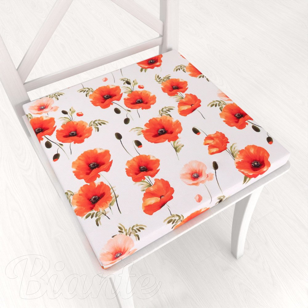 Teflónový štvorcový podsedák TF-133 Červenooranžové vlčie maky na bielom - 38x38x3 cm - Biante.sk