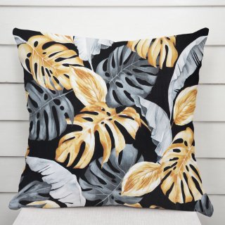Bavlnená obliečka na vankúš Sandra SA-228 Sivé a zlaté tropické listy na čiernom - Biante.sk