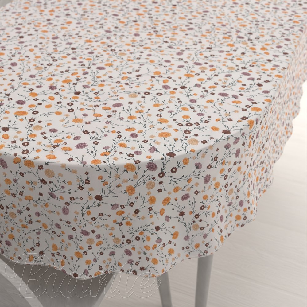 Bavlněný oválný ubrus Sandra SA-720 Oranžovo-hnědo-béžové drobné květiny na smetanovém - Biante.cz