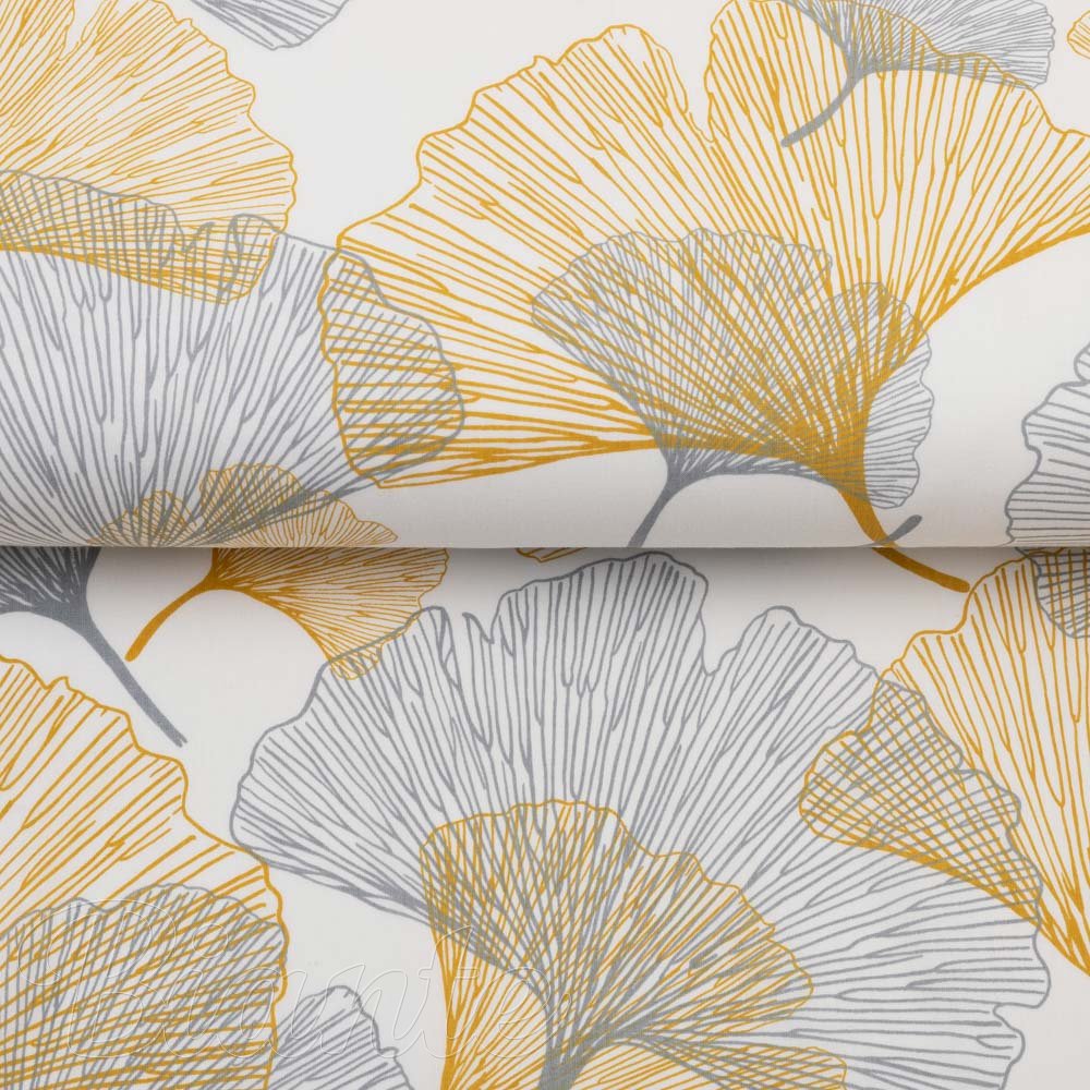 Bavlněná látka/plátno Sandra SA-745 Šedo-hořčicové ginkgo listy na bílém - šířka 160 cm - detail 2 - Biante.cz