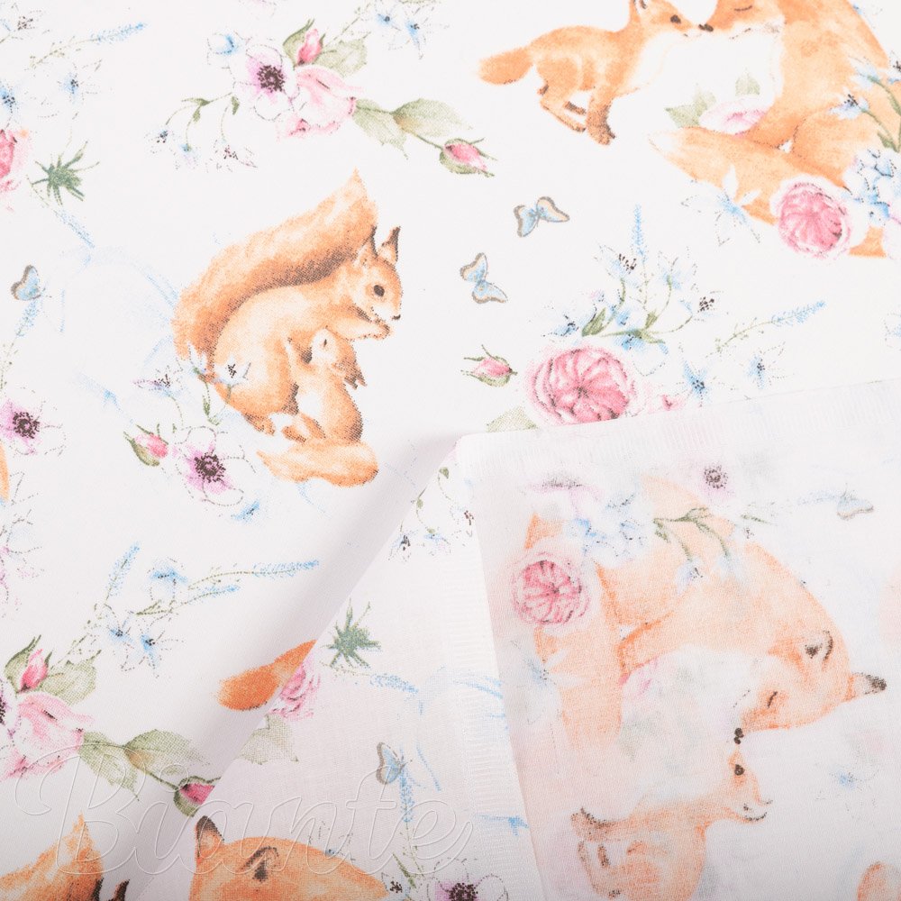 Dětská bavlněná látka/plátno Sandra SA-694 Veverky a lišky mezi květinami na bílém - šířka 160 cm - detail 4 - Biante.cz