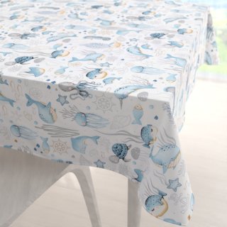 Dětský bavlněný čtvercový ubrus Sandra SA-442 Mořský svět modrý na bílém - Biante.cz