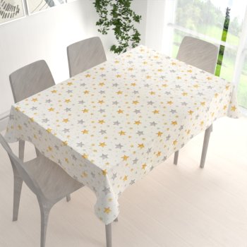 Luxusný dekoračný vianočný obdĺžnikový obrus Parma PM-139 Strieborno-zlaté hviezdičky na strieborno-krémovom - detail 1 - Biante.sk
