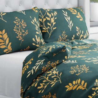 Bavlněné ložní povlečení Sandra SA-742 Zlaté větvičky s lístky na tmavě zeleném - Biante.cz