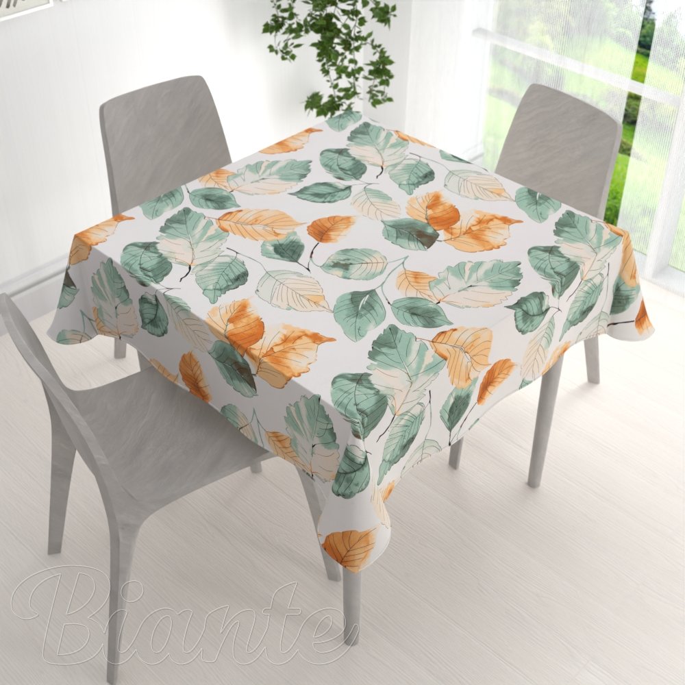 Bavlněný čtvercový ubrus Sandra SA-748 Hnědo-zelené akvarelové listy na bílém - detail 1 - Biante.cz