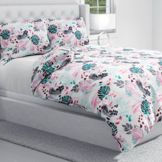 Bavlněné ložní povlečení Sandra SA-413 Růžové a zelené tropické listy na bílém - detail 1 - Biante.cz