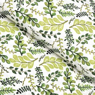 Bavlněná látka/plátno Sandra SA-426 Zelené větvičky s lístky na bílém - šířka 145 cm - Biante.cz