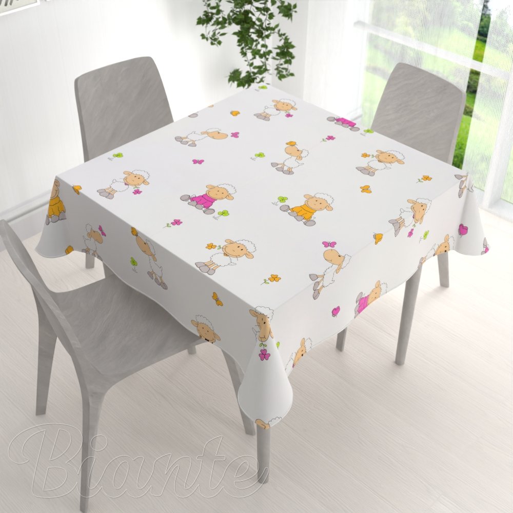 Dětský bavlněný čtvercový ubrus Sandra SA-728 Veselé ovečky na bílém - detail 1 - Biante.cz