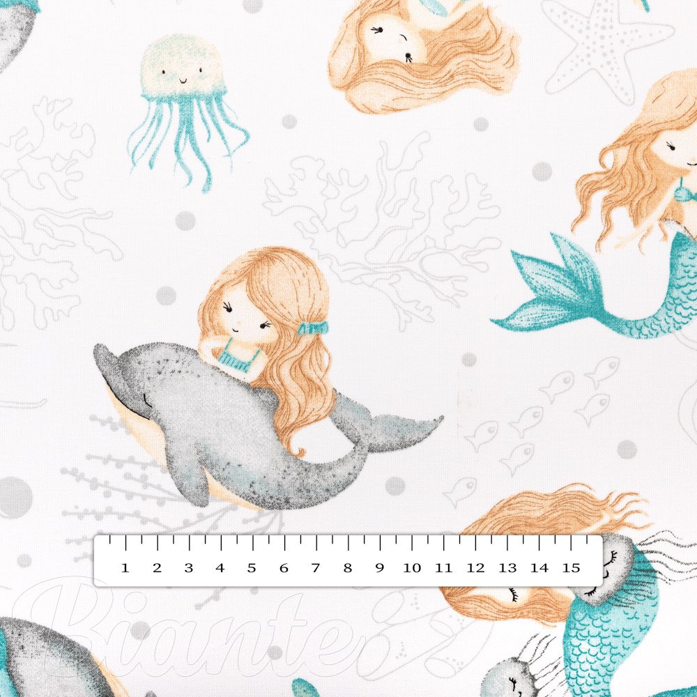Dětská bavlněná látka/plátno Sandra SA-691 Modrozelené mořské panny s delfíny a velrybami na bílém - šířka 160 cm - detail 3 - Biante.cz