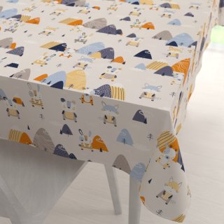 Dětský bavlněný obdélníkový ubrus Sandra SA-613 Modro-oranžová lesní zvířátka na bledě šedém - Biante.cz