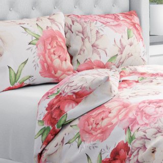 Bavlněné ložní povlečení Sandra SA-746 Velké růžovo-béžové pivoňky na bílém - Biante.cz