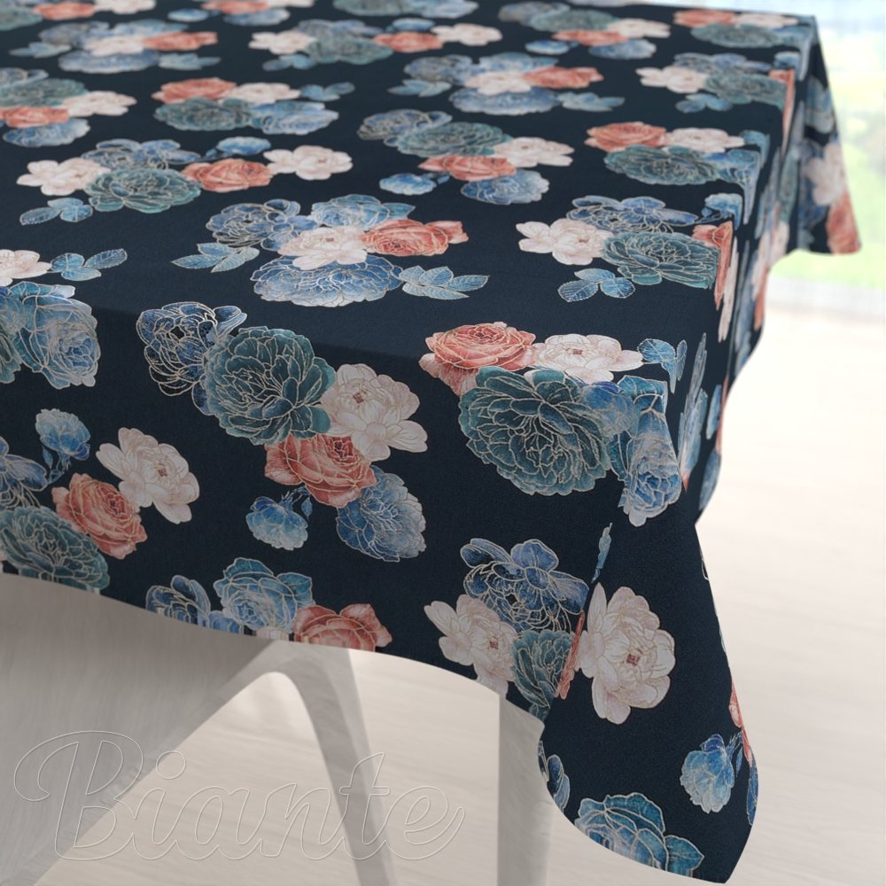 Teflonový čtvercový ubrus TF-060 Modré a červené růže na tmavě modrém - Biante.cz