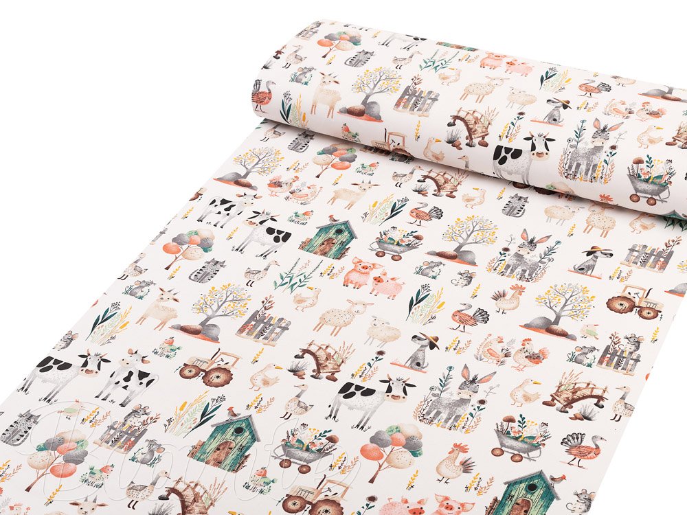 Dětská bavlněná látka/plátno Sandra SA-563 Zvířátka na farmě na bílém - šířka 160 cm - detail 1 - Biante.cz