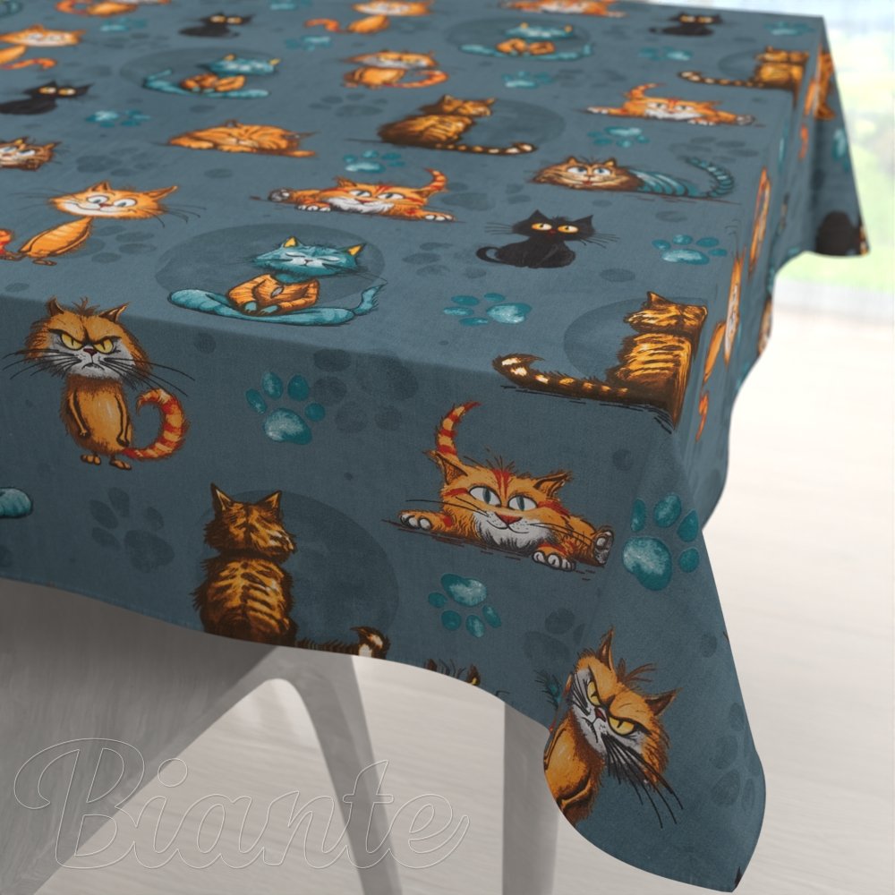 Dětský bavlněný čtvercový ubrus Sandra SA-705 Kočičí parta na tmavě šedomodrém - Biante.cz