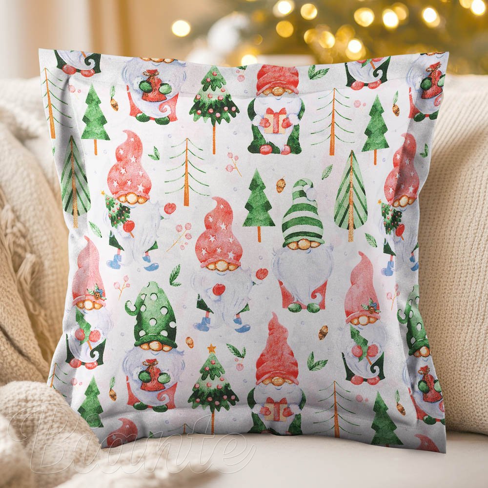 Vánoční bavlněný povlak na polštář s lemem Sandra SA-404 Skřítci a stromečky - Biante.cz