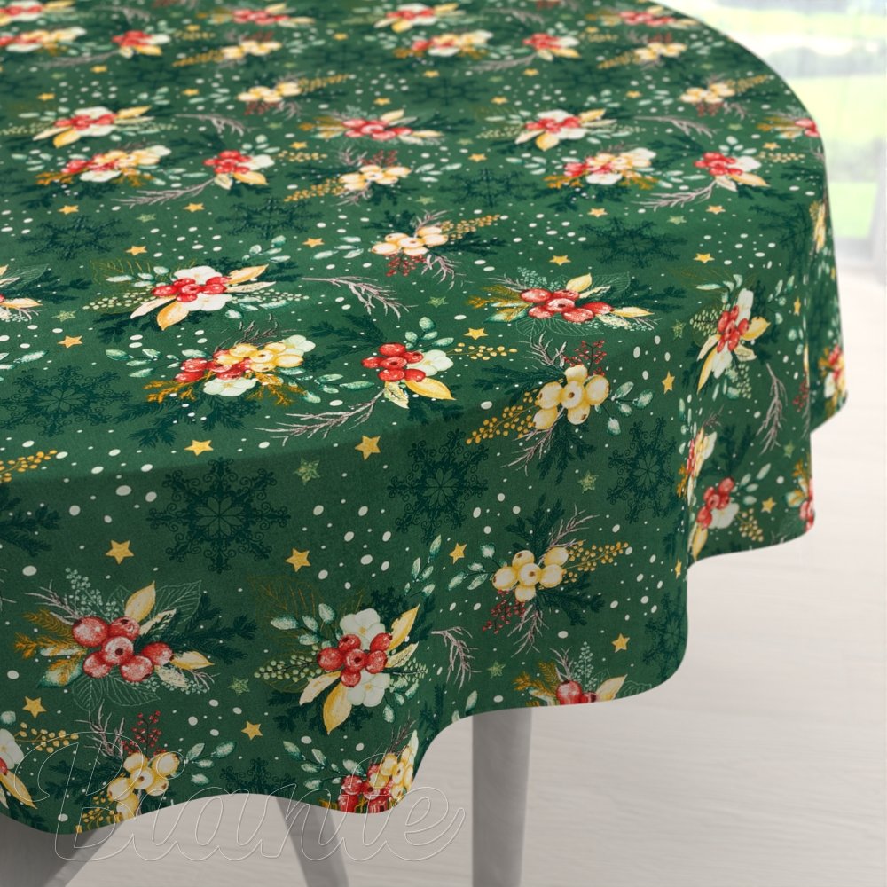 Bavlněný kulatý ubrus Sandra SA-713 Vánoční cesmíny na zeleném - Biante.cz