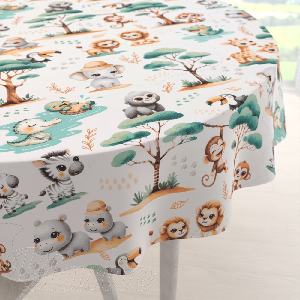 Dětský bavlněný kulatý ubrus Sandra SA-513 Africká zvířátka na bílém - Biante.cz
