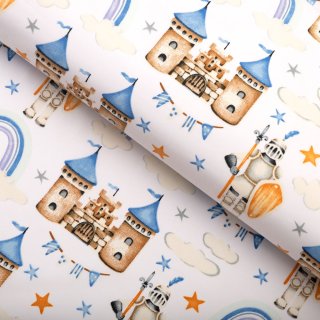 Dětská bavlněná látka/plátno Sandra SA-666 Modro-hnědé hrady a rytíři na bílém - šířka 160 cm - Biante.cz Dětská bavlněná látka/plátno Sandra SA-666 Modro-hnědé hrady a rytíři na bílém - šířka 160 cm - Biante.cz