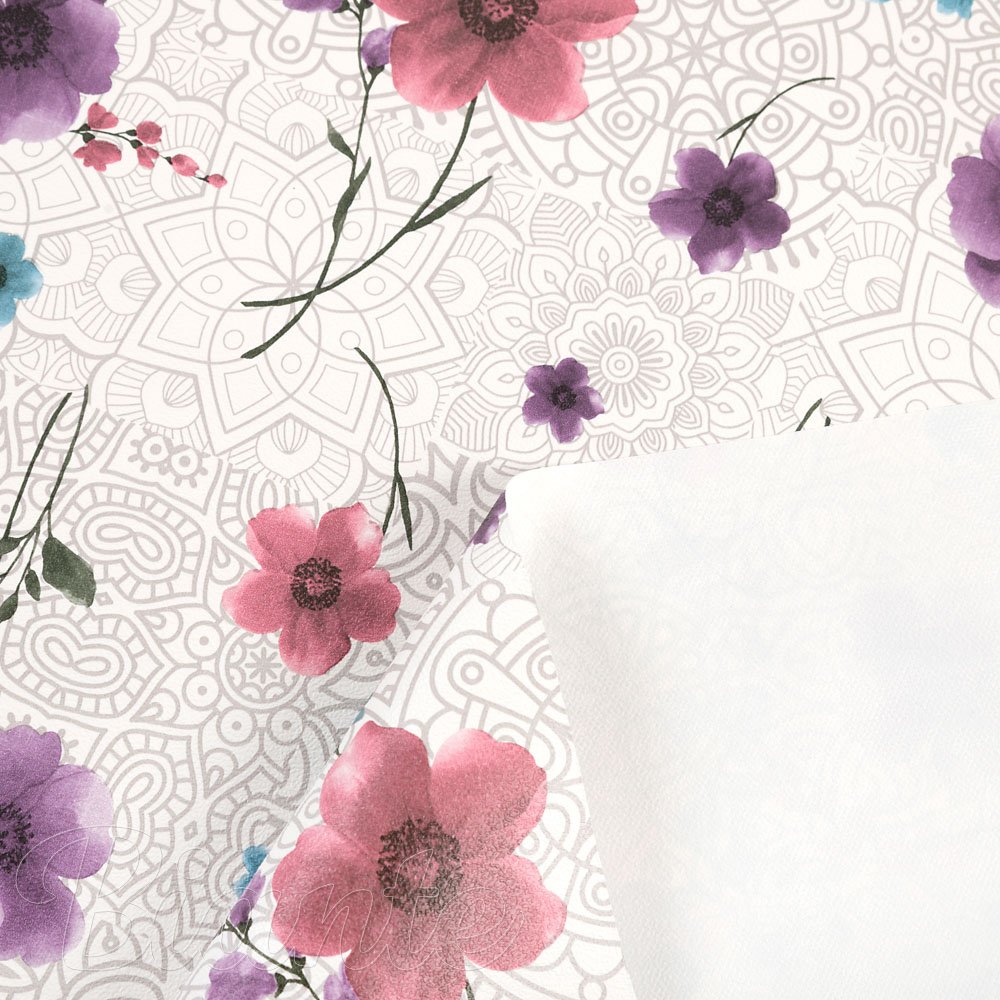 PVC obrus Fialové kvety s ornamentami na bielom PV-211 - metráž š. 140 cm - detail 3 - Biante.sk