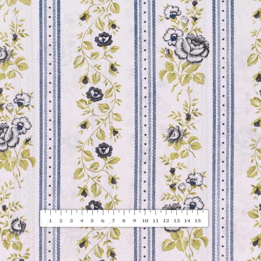 Bavlněná látka/plátno Sandra SA-348 Šedé popínavé květy a modré pruhy - šířka 140 cm - detail 3 - Biante.cz