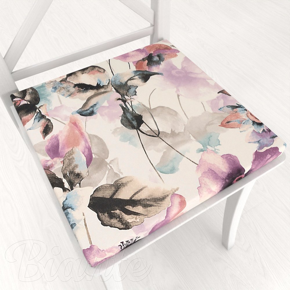 Sametový čtvercový podsedák Tamara TMR-050 Abstraktní fialové květiny na smetanovém - 38x38x3 cm - Biante.cz