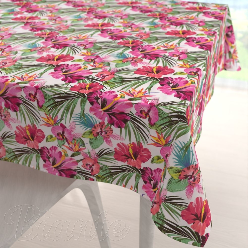 Bavlněný čtvercový ubrus Sandra SA-555 Růžovo-červené havajské květy na bílém - Biante.cz