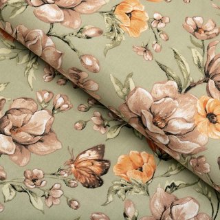 Bavlněná látka/plátno Sandra SA-472 Hnědé květy magnolie na zeleném - šířka 160 cm - Biante.cz