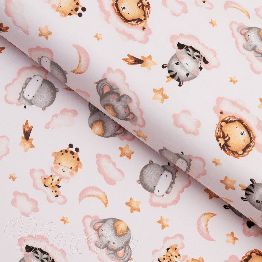 Dětská bavlněná látka/plátno Sandra SA-658 Africká zvířátka na růžových obláčcích na bílém - šířka 160 cm - Biante.cz