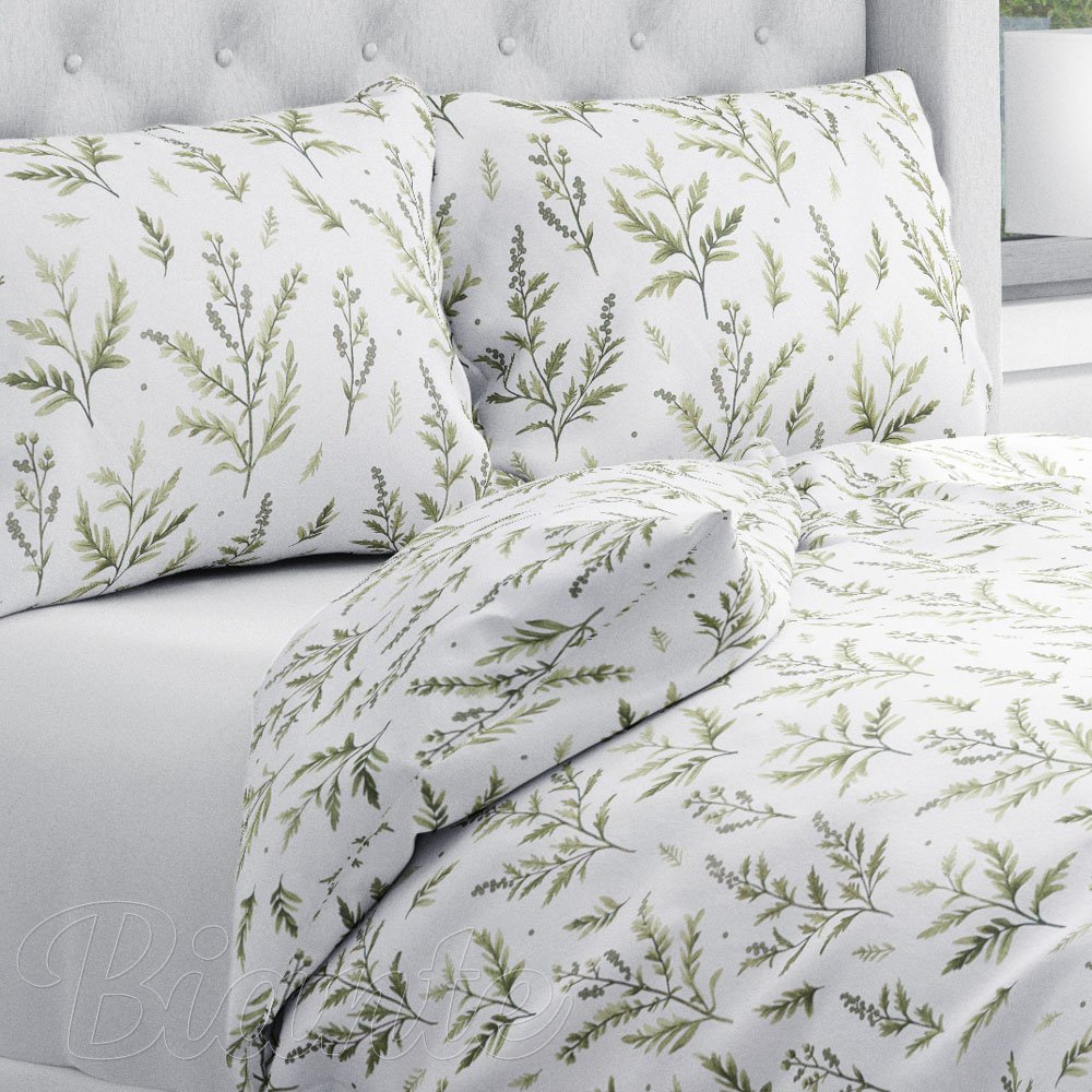 Bavlněné ložní povlečení Sandra SA-718 Zelené natě bylinek na bílém - Biante.cz