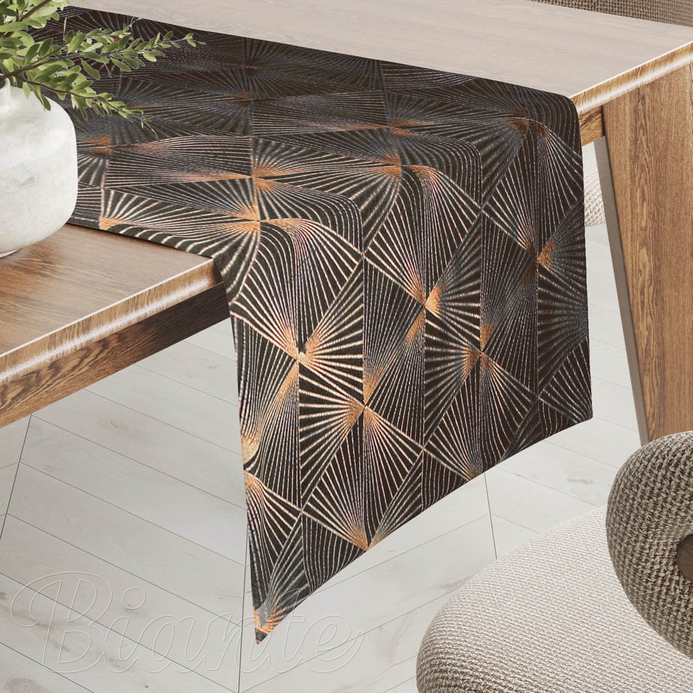 Zamatový behúň na stôl Isabela IBL-012 Rose Gold trojuholníky na hnedom - Biante.sk